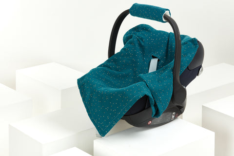Coperta per seggiolino estivo in mussola pois oro petrolio