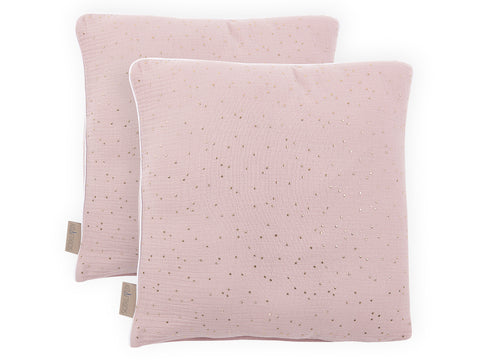 Fodera per cuscino in mussola con pois dorati su fondo rosa