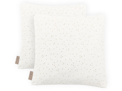 Fodera per cuscino in mussola con pois dorati su bianco