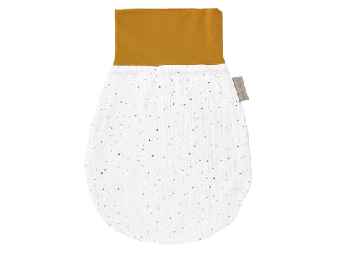 Borsa pagliaccetto primavera estate in mussola con pois dorati su fondo bianco