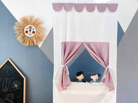 Teatrino dei burattini Punch e Judy spettacolo doppio crêpe rosa inclusa asta telescopica