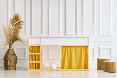 Set tende per letto a soppalco 2+1 doppie in crêpe giallo senape adatte per letto Kura