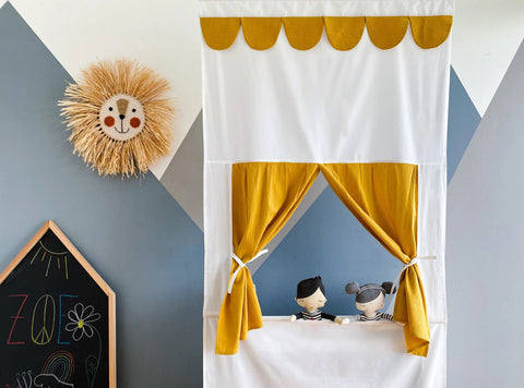 Teatrino dei burattini Punch e Judy spettacolo doppio crêpe giallo senape comprensivo di asta telescopica