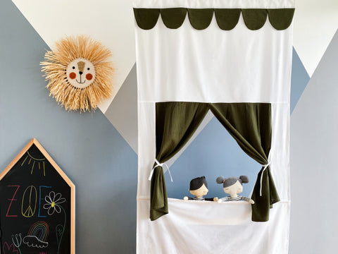 Teatrino delle marionette Spettacolo di Punch e Judy doppio crêpe verde autunno verde inclusa asta telescopica