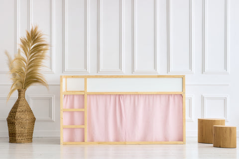 Set tende per letto a soppalco 2+1 mussola a pois dorati su fondo rosa adatte per letto Kura