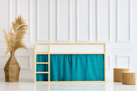 Set tende per letto a soppalco 2+1 mussola pois oro petrolio adatte per letto Kura