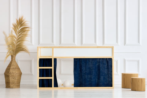 Set tende per letto a soppalco 2+1 in mussola blu scuro adatte per letto Kura