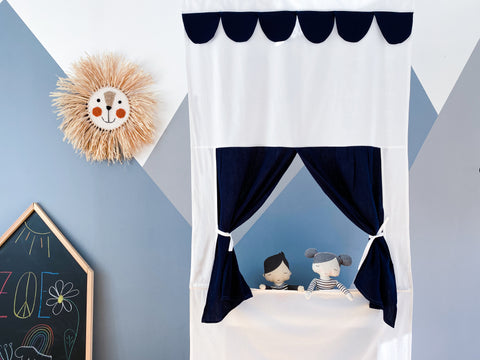 Teatrino delle marionette Spettacolo di Punch e Judy in mussola blu scuro inclusa asta telescopica
