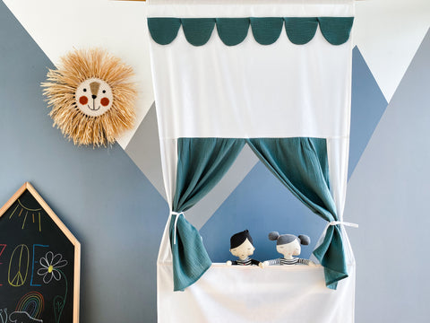 Teatro delle marionette Spettacolo di Punch e Judy in mussola blu Nilo inclusa asta telescopica