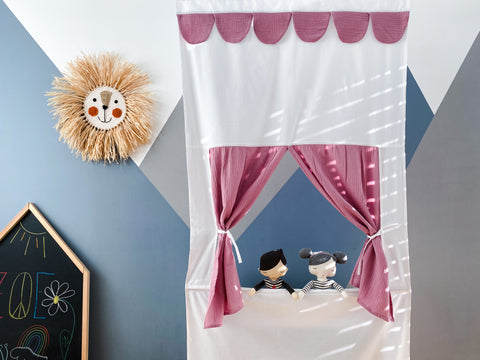 Teatrino delle marionette Spettacolo di Punch e Judy in mussola rosa inclusa asta telescopica