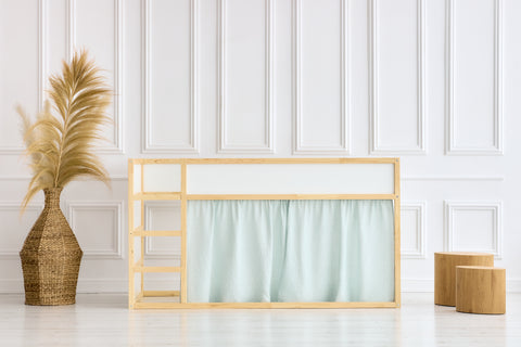 Set tende per letto a soppalco 2+1 denti di leone in mussola color menta adatte per letto Kura
