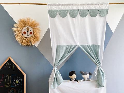 Teatrino delle marionette Punch e Judy mostrano denti di leone in mussola e menta, inclusa asta telescopica