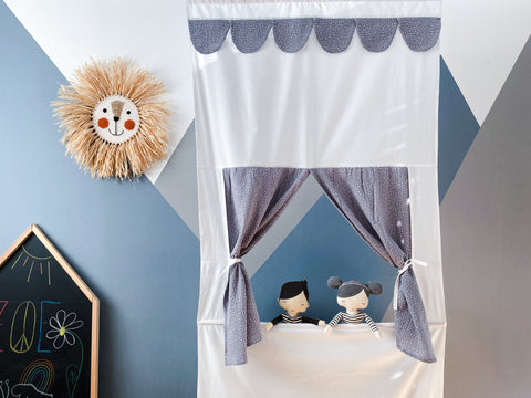 Teatrino delle marionette Punch e Judy mostrano pois di mussola grigia inclusa asta telescopica