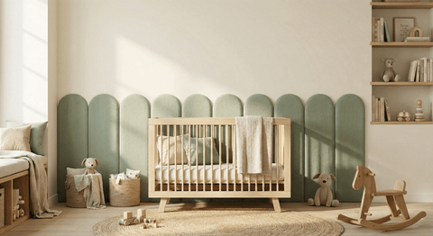 Ein gemütliches, modernes Kinderzimmer mit dem KraftKids Wandpaneel abgerundet Doppelkrepp, einem Holzbett, Plüschtieren, einem Schaukelpferd, geflochtenen Körben, Regalen mit Büchern und Dekoration in sanften Neutraltönen. Natürliches Licht unterstreicht die stilvolle Einrichtung.