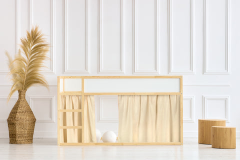 Set di tende per letto a soppalco 2+1 in mussola beige con glitter, adatto per letto Kura