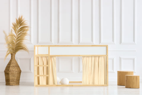 Set di tende per letto a soppalco 2+1 in mussola beige con glitter, adatto per letto Kura