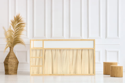 Set di tende per letto a soppalco 2+1 in mussola beige con glitter, adatto per letto Kura