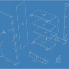 Explosionszeichnung im Blaudruck-Stil von Stauraumregal WIC123-12 für Wickeltisch von KraftKids, zeigt Teile A-F, Schrauben, Dübel und Kontakt. Perfekt als Regal hinter Wickelkommode IDANÄS/HEMNES für mehr Stauraum im Babyzimmer.