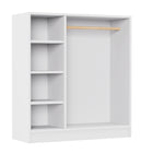 Der KraftKids Kleiderschrank für Kinder nach Montessori, weiß, verfügt über drei offene Regale auf der linken Seite, eine hölzerne Hängestange auf der rechten Seite und ein Bodenfach in einem schlichten, modernen Design auf weißem Hintergrund.