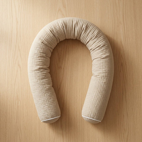 Die beige Wickeltischrolle Musselin der KraftKids GmbH ruht auf einer hellen Holzfläche und ist mit einem weichen, strukturierten Stoffbezug versehen.