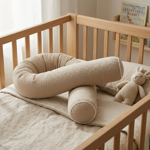 Ein Holzbett mit beiger Bettwäsche, ein Plüschhase und eine KraftKids GmbH Wickeltischrolle Musselin beige in einer Spirale angeordnet. Das Buch "The Velveteen Rabbit" liegt auf einem Regal im Hintergrund.