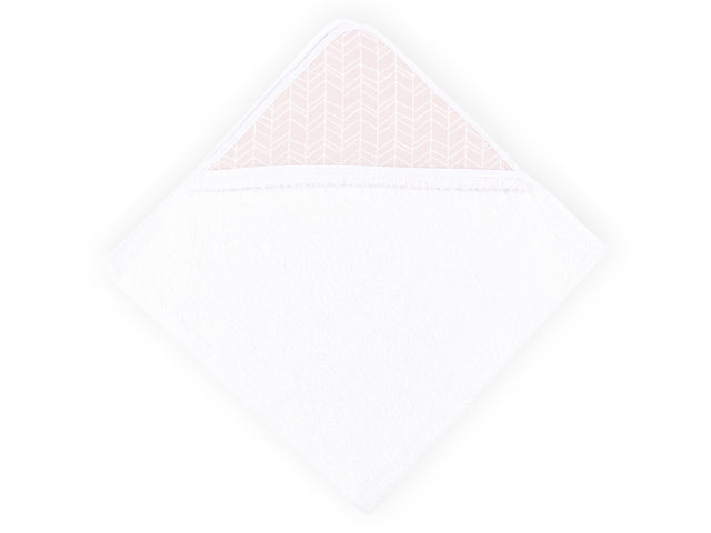 Asciugamano con cappuccio, motivo piume bianche su fondo rosa