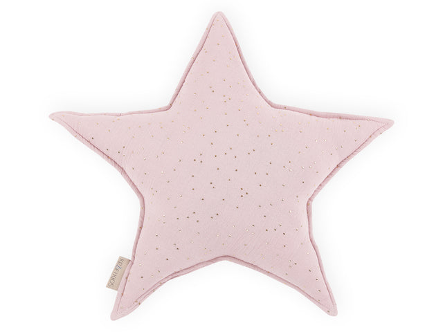 Cuscino stella in mussola con pois dorati su fondo rosa