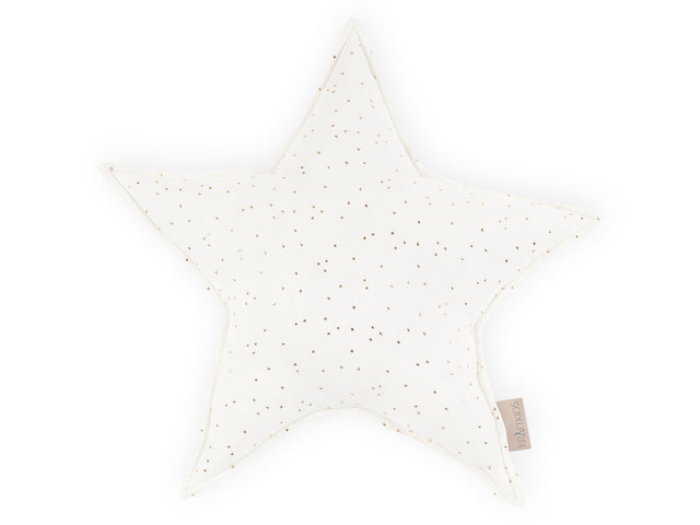 Cuscino a stella in mussola con punti dorati su bianco