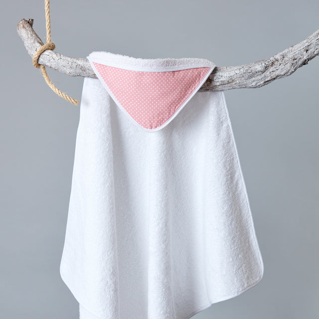 Asciugamano con cappuccio pois bianchi su rosa corallo