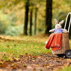 Ein Weidenwagen mit weißem Griff steht auf einem mit Laub bedeckten Parkweg. Im Inneren des Wagens befinden sich ein Plüschhase und eine orangefarbene KraftKids Babydecke Doppelkrepp Rot Herbstrot. Im Hintergrund sind Bäume und Gras zu sehen.