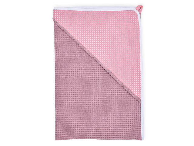Asciugamano con cappuccio pois bianchi su rosa corallo waffle piqué rosa