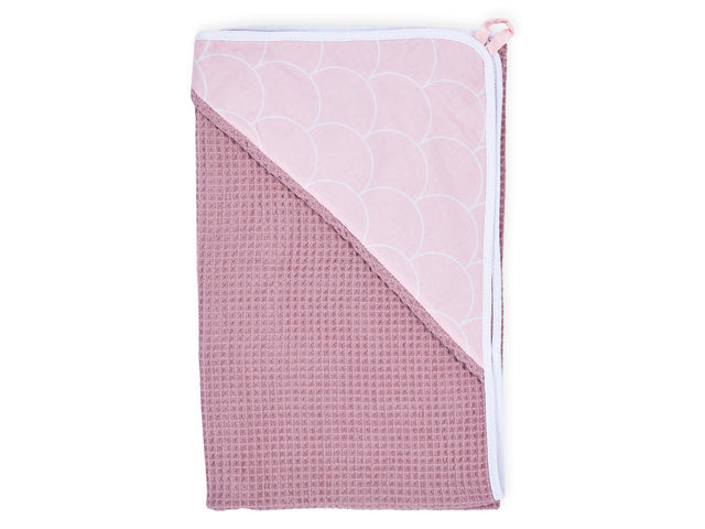 Asciugamano con cappuccio semicerchi bianchi su fondo waffle piqué rosa pastello