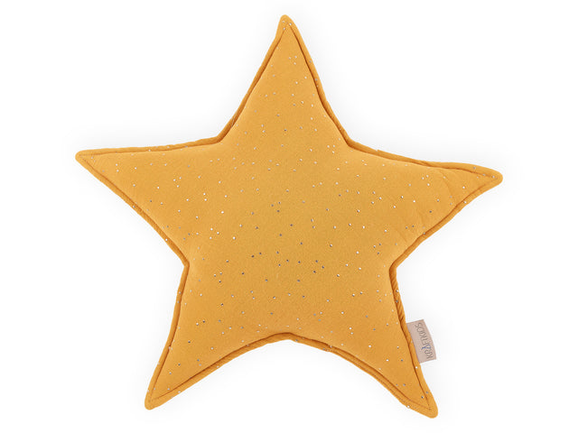 Cuscino stella in mussola con pois dorati su fondo giallo