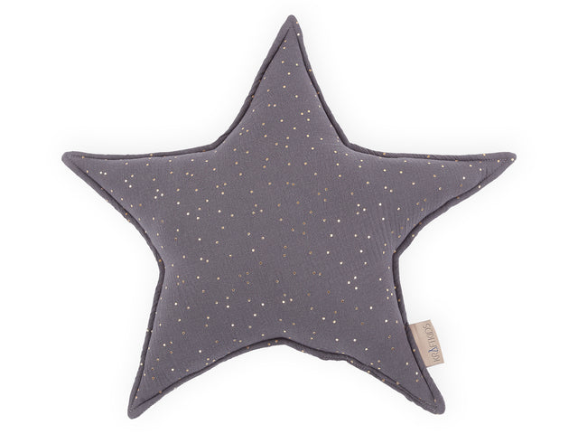 Cuscino stella in mussola con pois dorati su fondo grigio