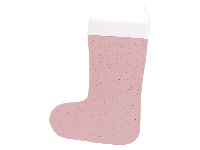 Calza natalizia in mussola con pois dorati su fondo rosa