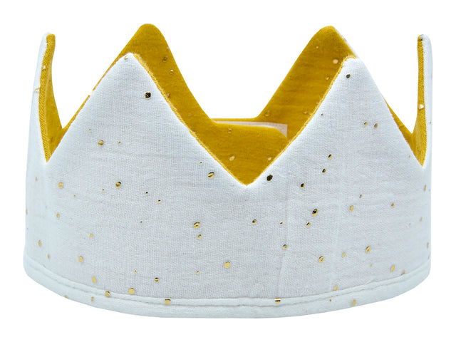 Tessuto corona mussola punti dorati su bianco