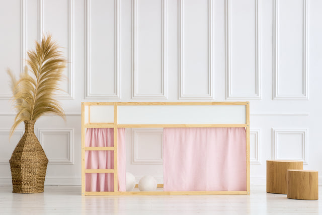 Set tende per letto a soppalco 2+1 mussola a pois dorati su fondo rosa adatte per letto Kura